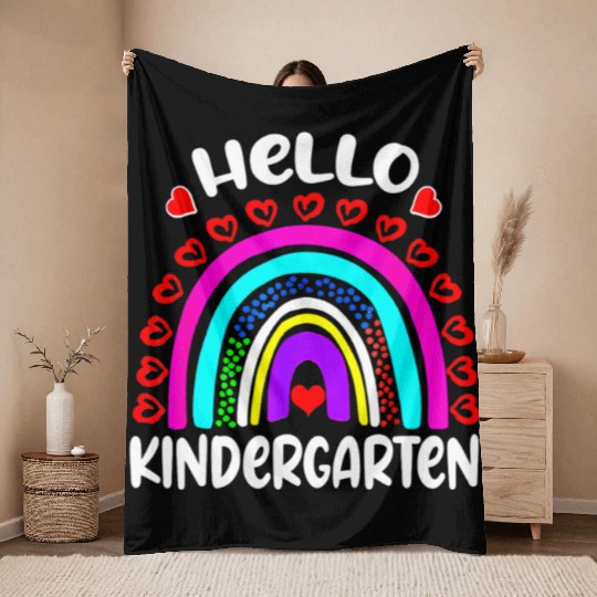 Hello Kindergarten Rainbow Heart Back To School Throw Blankets