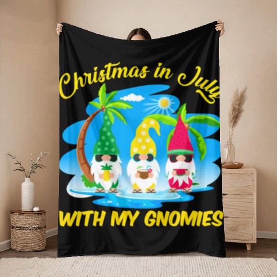 Christmas In July With My Gnomies Beach Summer Throw Blankets