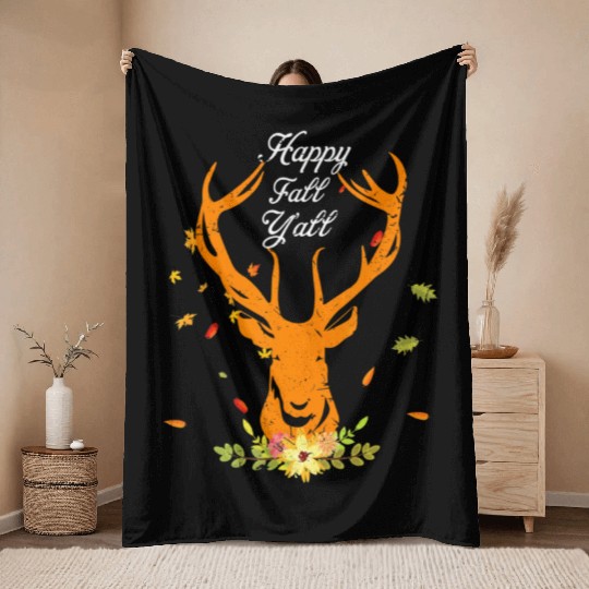 Hy Deer Fall Happy Fall Yall Autumn Leaves Throw Blankets
