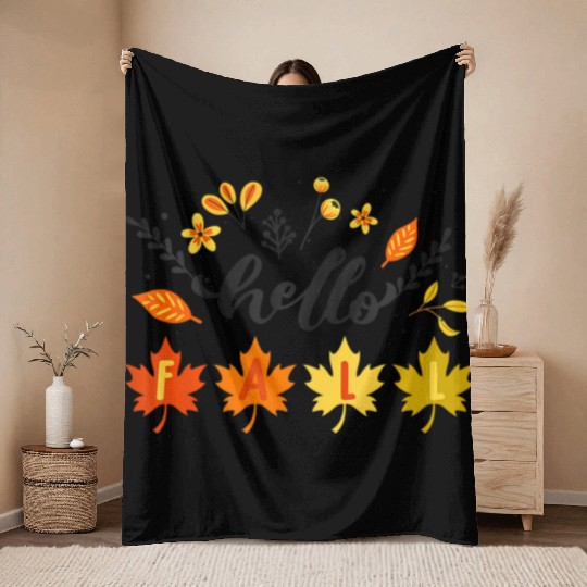 Hello Fall Falling Autumn Leaves Cute Botanic Throw Blankets