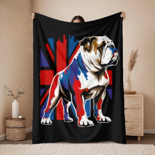 British Bulldog With Union Jack Flag King Charles Throw Blankets