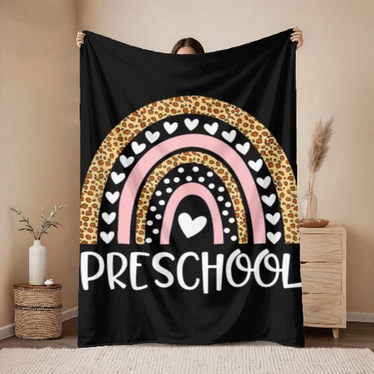 Preschool Teacher Leopard Rainbow Teacher Back To Throw Blankets