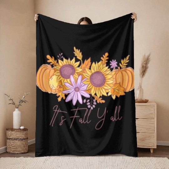 It's Fall Y'all Watercolor Pumpkin Autumn Leaves Throw Blankets