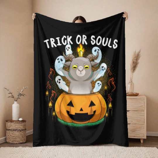 Trick Or Souls Halloween Baphomet Satanic Pumpkin Throw Blankets