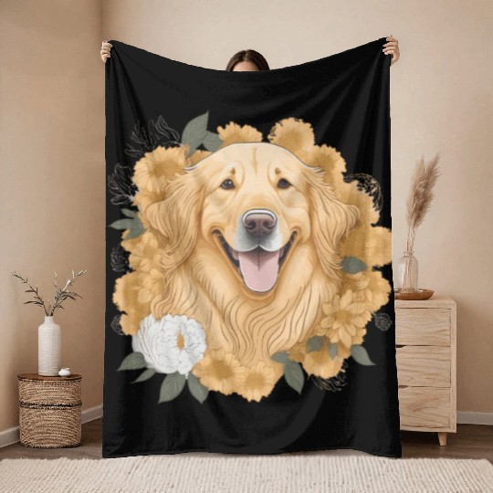 Dog Wo Golden Retriever Flower Print Floral Throw Blankets