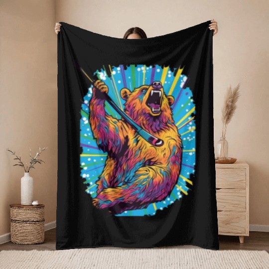 Golfer Grizzly Bear Golf Club Golfing Golf Player Throw Blankets
