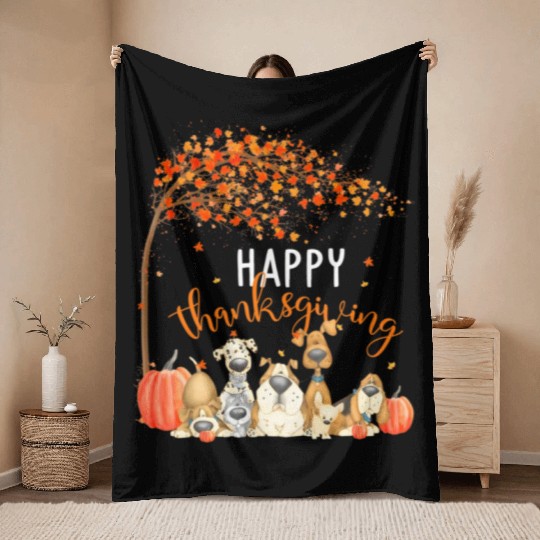 Cute Dogs Autumn Leaves Pumpkin Happy Throw Blankets