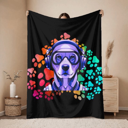 Canine Tunes-Robotic Rottweiler Listening to Music Throw Blankets