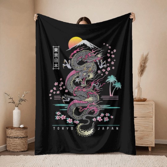 Japanese Dragon Asian Neon retro 80s style Throw Blankets