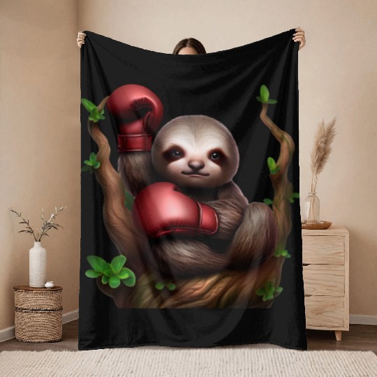 Boxing sloth on tree Throw Blankets