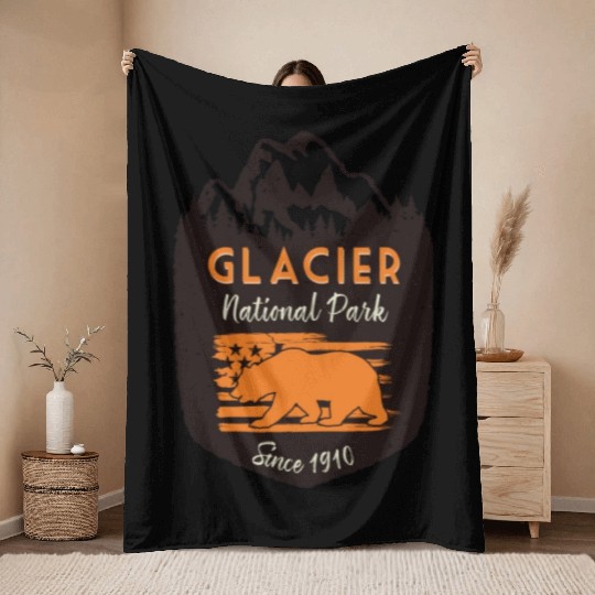Glacier National Park Us Flag Grizzly Bear Throw Blankets