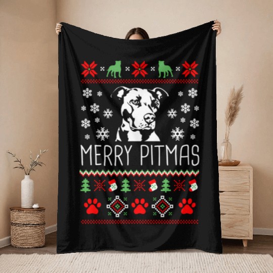 Pitbull Merry Pitmas Ugly Throw Blankets