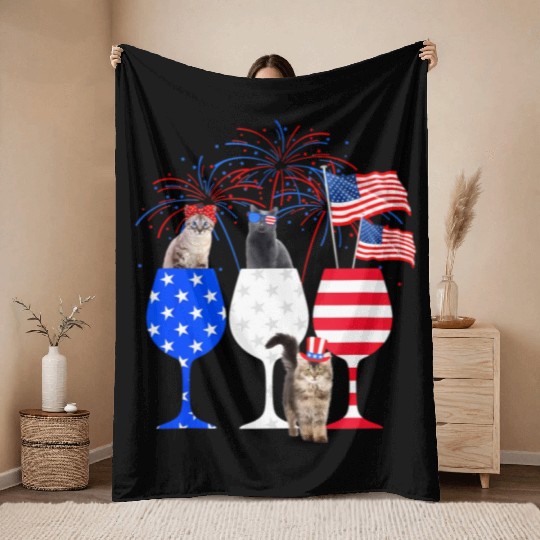 Cat 4Th Of July Red White Blue Wine Throw Blankets