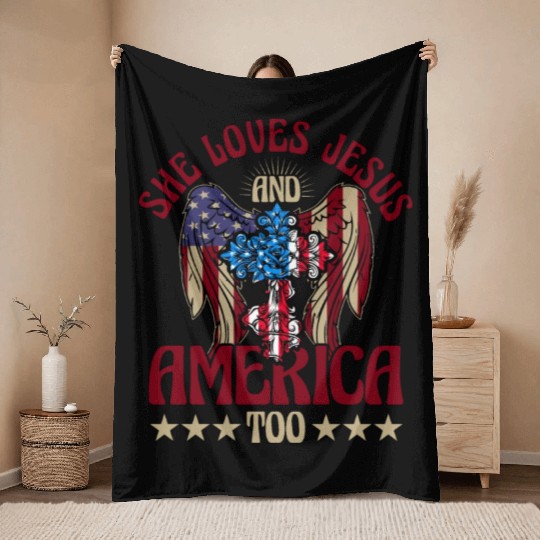 She loves jesus and America too Throw Blankets