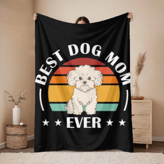 Best Dog Mom Ever Retro Vintage Bichon Frise Throw Blankets