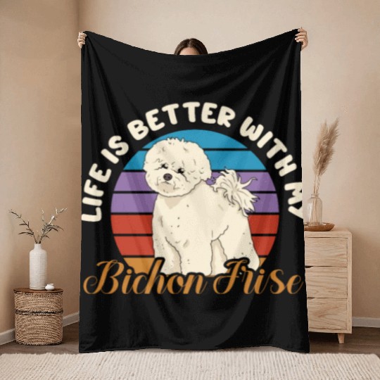 Life Is Better With My Bichon Frise Retro Vintage Throw Blankets