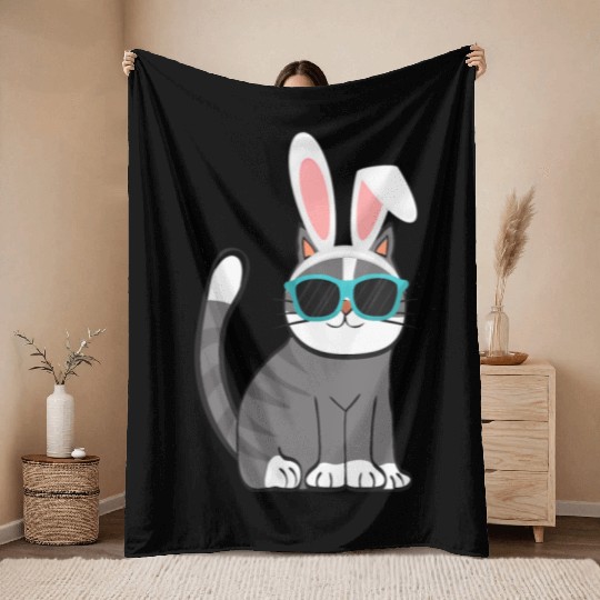 Happy Easter Cat With Bunny Ears And Glasses Throw Blankets