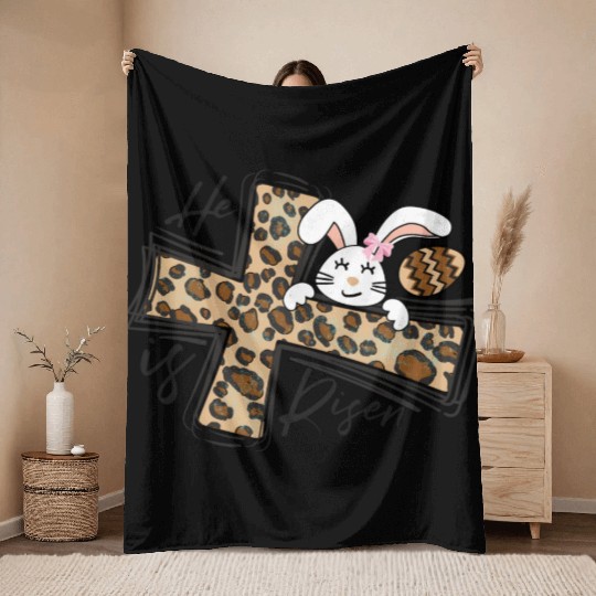Happy Easter He Is Risen Jesus Cross Easter Bunny Throw Blankets