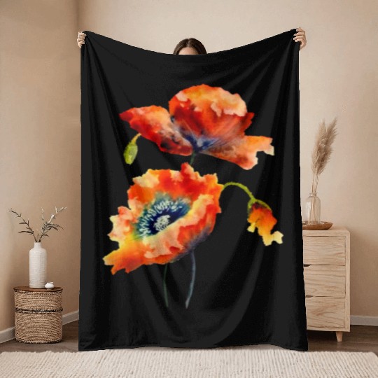 RED POPPIES Throw Blankets, WATERCOLOR RED POPPIES TOP