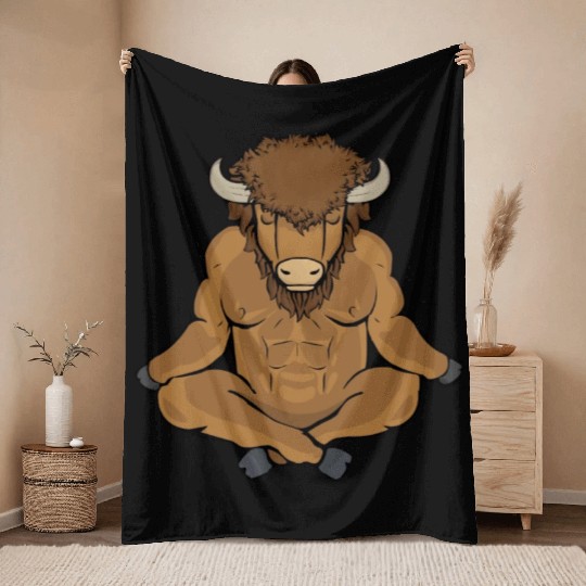 Meditating Buffalo Yoga Lover Men Bison Gift Throw Blankets