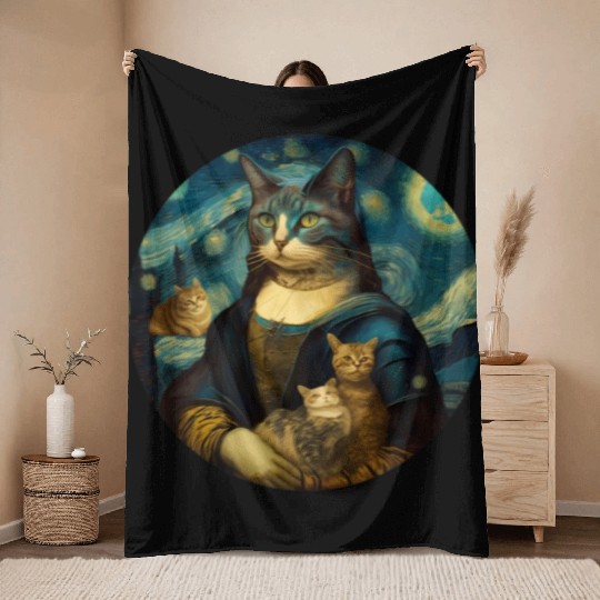 Mona Lisa With Cats Starry Night Van Gogh Painting Throw Blankets