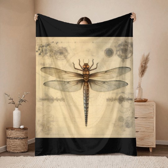 A diagrammatic drawing of a dragonfly Throw Blankets