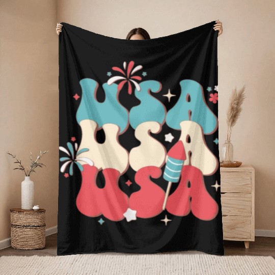 USA And Fireworks, Independence Day Throw Blankets