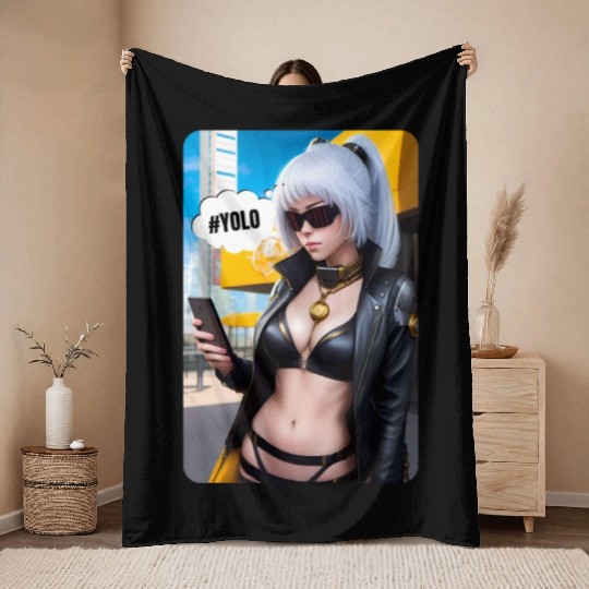 Cyberpunk Waifu Influencer Design 2 Throw Blankets