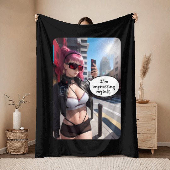 Cyberpunk Waifu Influencer Design 6 Throw Blankets