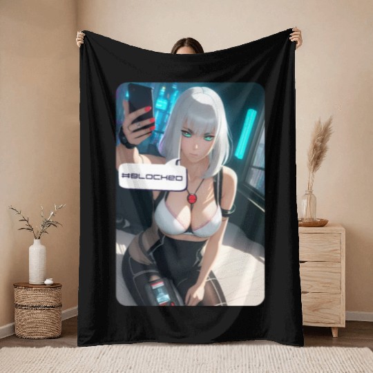 Cyberpunk Waifu Influencer Design 1 Throw Blankets
