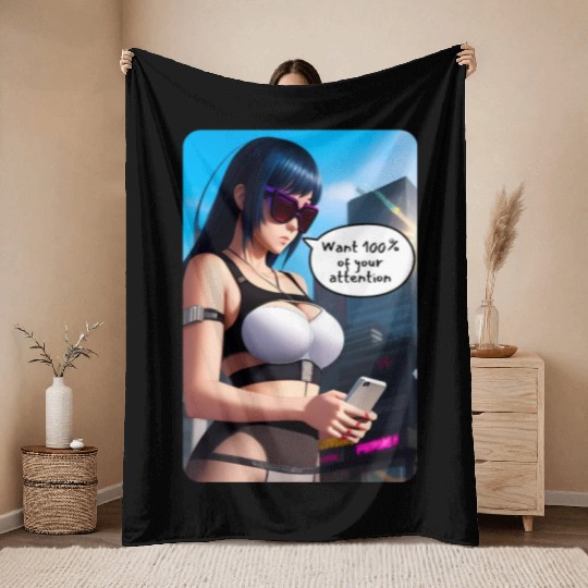 Cyberpunk Waifu Influencer Design 8 Throw Blankets