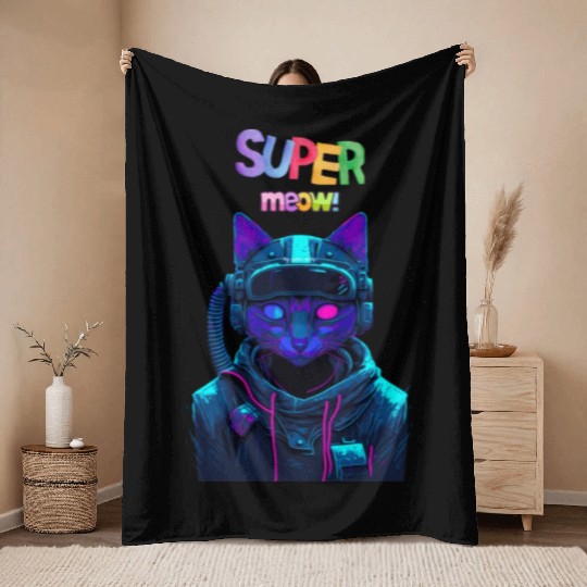 super meow Throw Blankets, cute cat