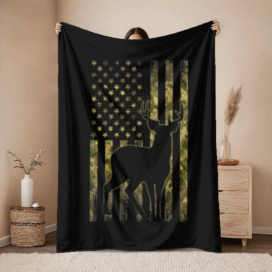 Mule Buck Deer Hunting American Camouflage Usa Fla Throw Blankets