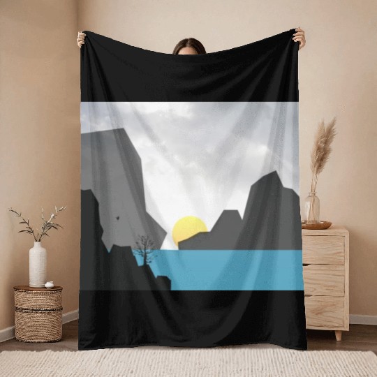 Foggy Mountain Vintage sunset Throw Blankets
