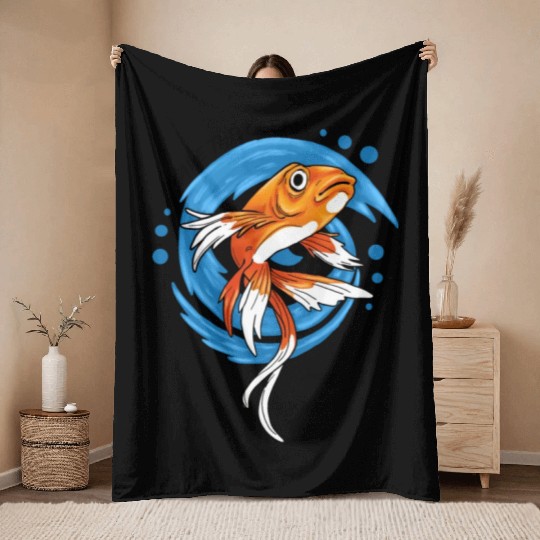 Save The Ocean Orange Fish Blue Waves Environment Throw Blankets