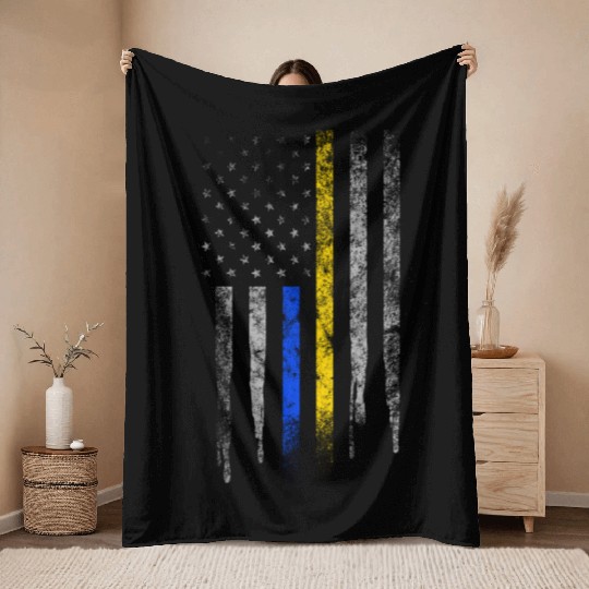 Gold Blue Line 911 Police Dispatcher First Throw Blankets