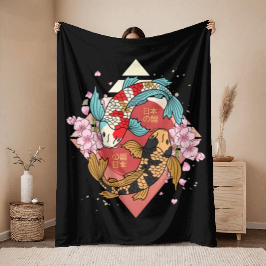 Kawaii Cherry Blossom Koi Fish Japanese Sakura Throw Blankets