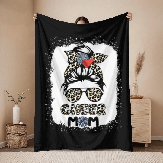 Cheer Mom Leopard Messy Bun Cheerleader Bleached M Throw Blankets