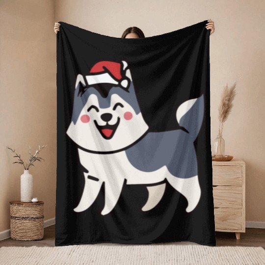 Husky Santa Dog Lover Malamute Throw Blankets