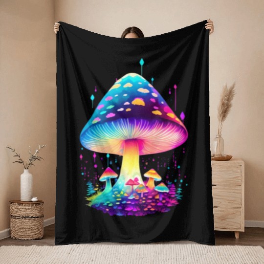 Enchanting Fungi: A Neon Wonderland Throw Blankets