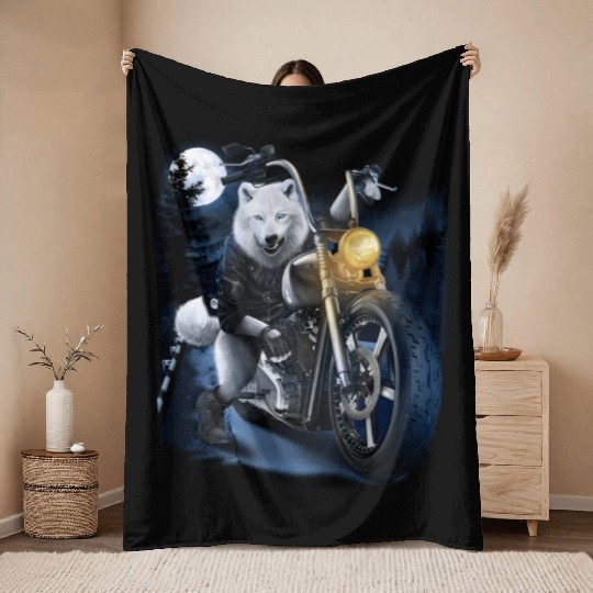 Wolf Riding Chopper Motorcycle In Full Moon Throw Blankets