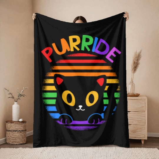 Purride Ally Cat Rainbow LGBT Pride Month Feline Throw Blankets