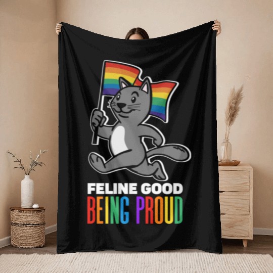 Feline Good Being Proud Rainbow Flag Cat Pride Throw Blankets