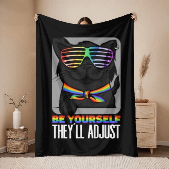 Be Yourself They'll Adjust Rainbow Cat Feline Throw Blankets