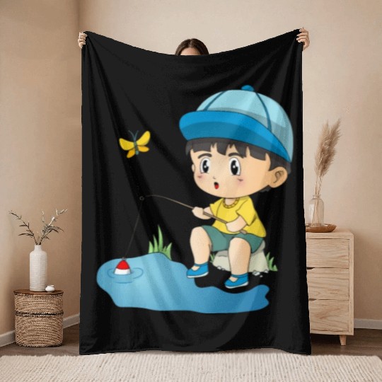 Cute Fishing Boy Angler Fisherman Kids Throw Blankets