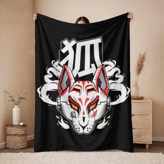 Kitsune mask Cyberpunk style Japanese spirit Throw Blankets