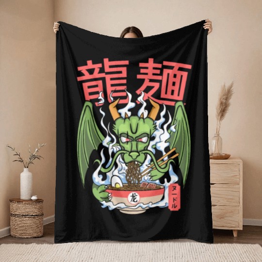 Dragon ramen noodles bowl Kawaii monstrous lizard Throw Blankets