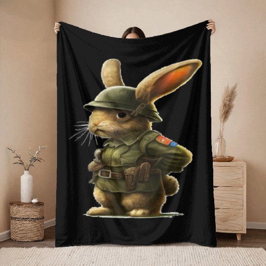 Courageous Bunny Soldier Throw Blankets