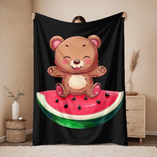 Bear Sits on Watermelon - Cute Nature Design Throw Blankets