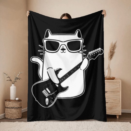 Cat Playing Guitar Guitar Player Throw Blankets